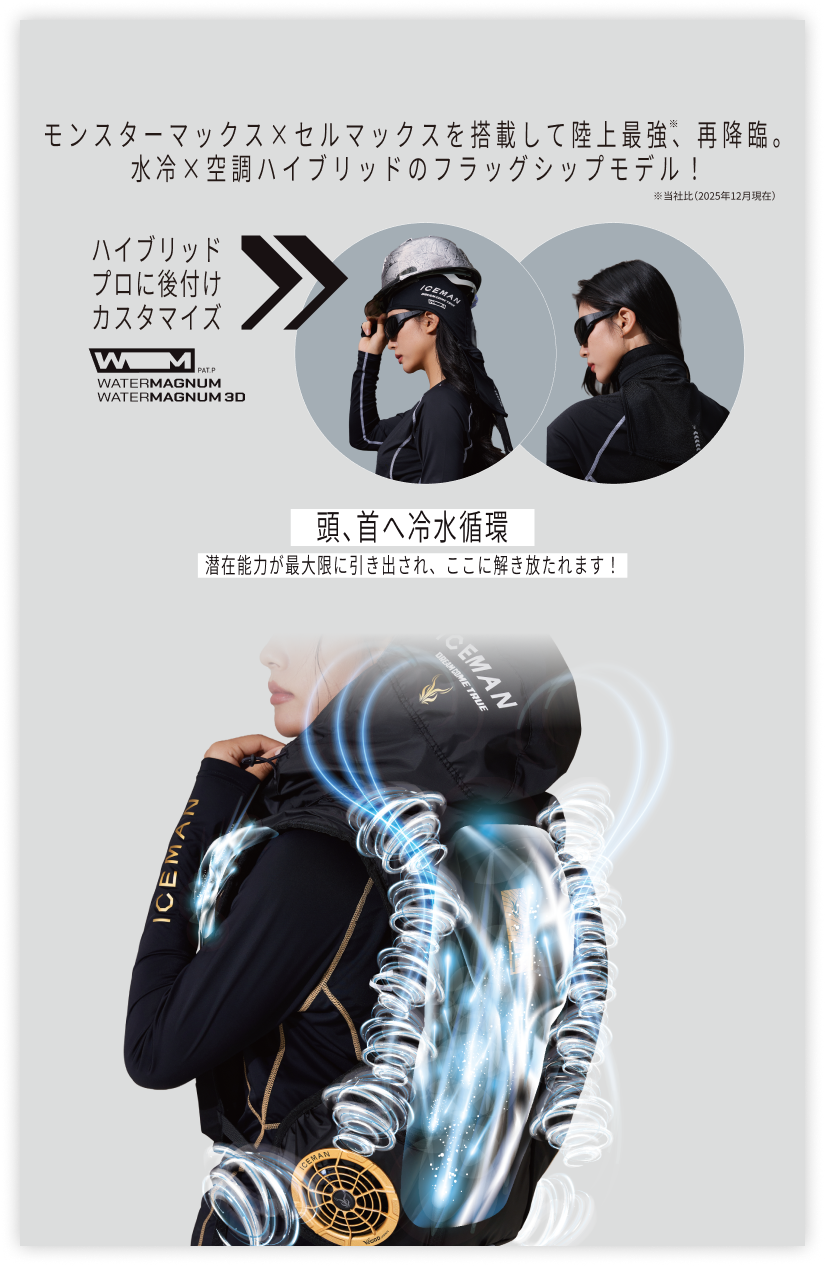 ①プロXⅢを後付けカスタマイズ【WATER MAGNUM・WATER MAGNUM3D】頭、首へ冷水循環。潜在能力が最大限に引き出され、ここに解き放たれます!②プロXⅢシリーズ共通標準装備。業界初※、ワイヤレス給電付多機能バッテリー。強力マグネット内臓でスマホにピタッと吸着。※同業他社に先駆けて導入。(当社調べ2025年11月現在)